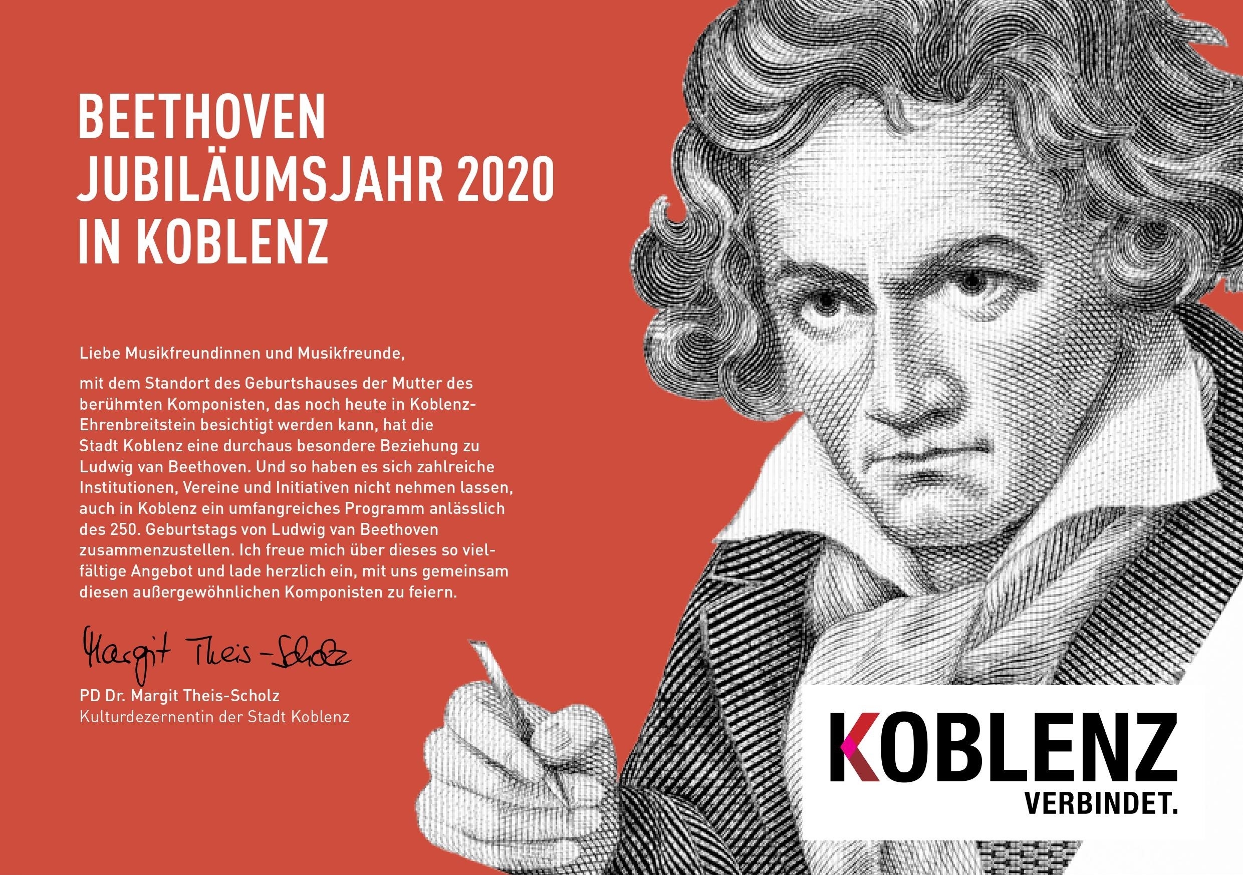 Beethoven im Schwarz-Weiß-Portrait auf rotem Hintergrund